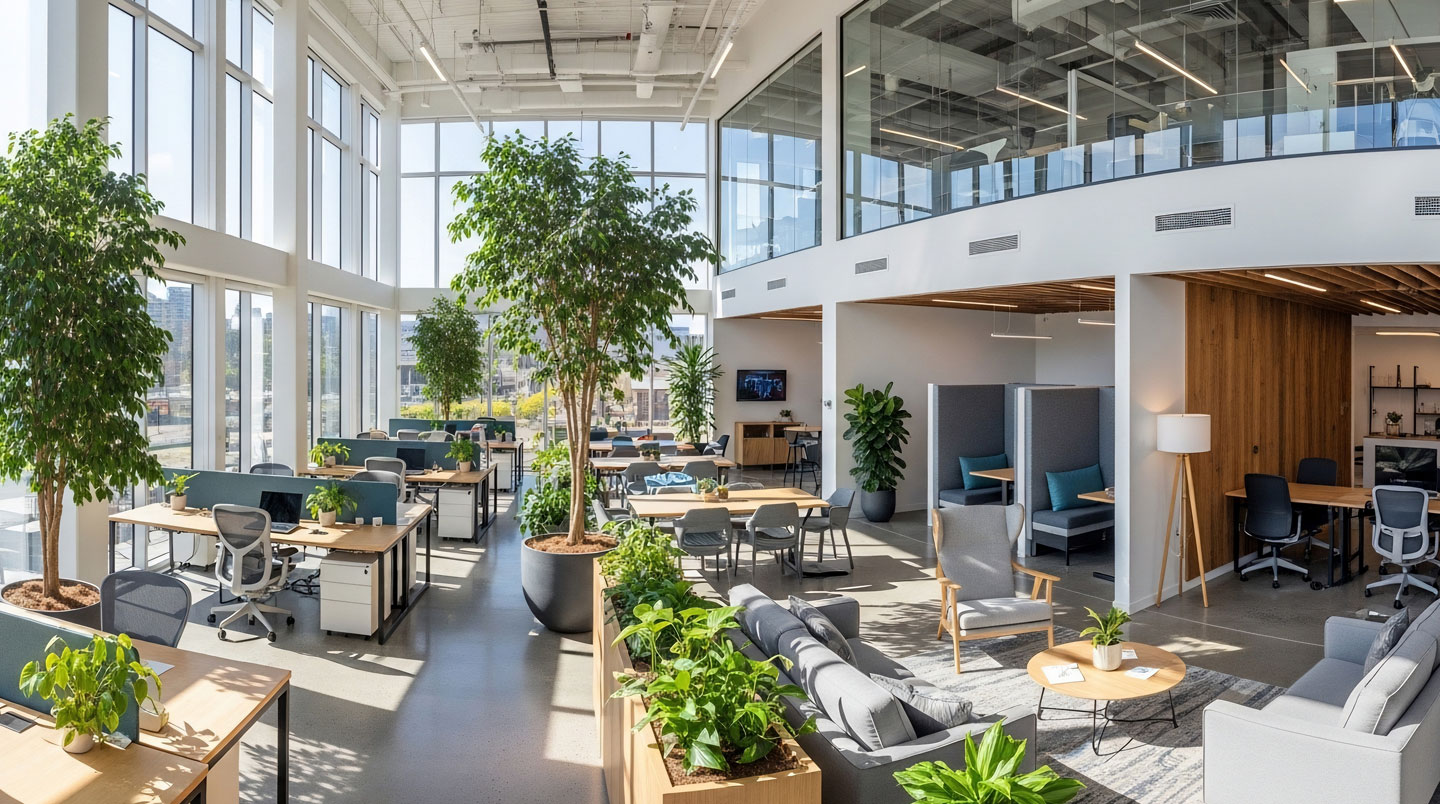 Espace de bureaux modulable français avec zones de travail individuel, coin détente avec fauteuils et plantes vertes, et espace collaboratif, baigné de lumière naturelle