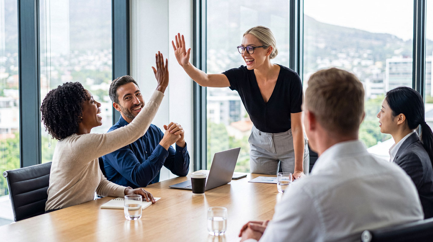 Équipe de professionnels français réunis autour d'une table de réunion moderne, concentrés sur des documents de travail et ordinateurs portables lors d'une session collaborative productive